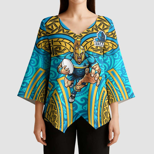 Gold Coast Titans Rugby Kimono Sleeve Blouse Polynesian Tribal Spartan Warrior Blue Gold Pattern