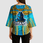 Gold Coast Titans Rugby Kimono Sleeve Blouse Polynesian Tribal Spartan Warrior Blue Gold Pattern