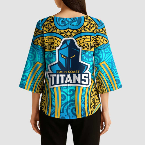 Gold Coast Titans Rugby Kimono Sleeve Blouse Polynesian Tribal Spartan Warrior Blue Gold Pattern