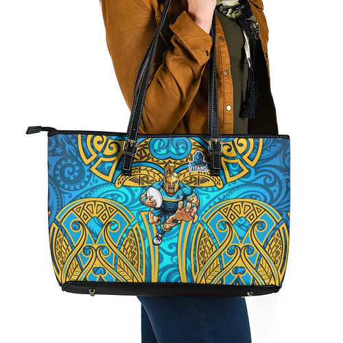 Gold Coast Titans Rugby Leather Tote Bag Polynesian Tribal Spartan Warrior Blue Gold Pattern