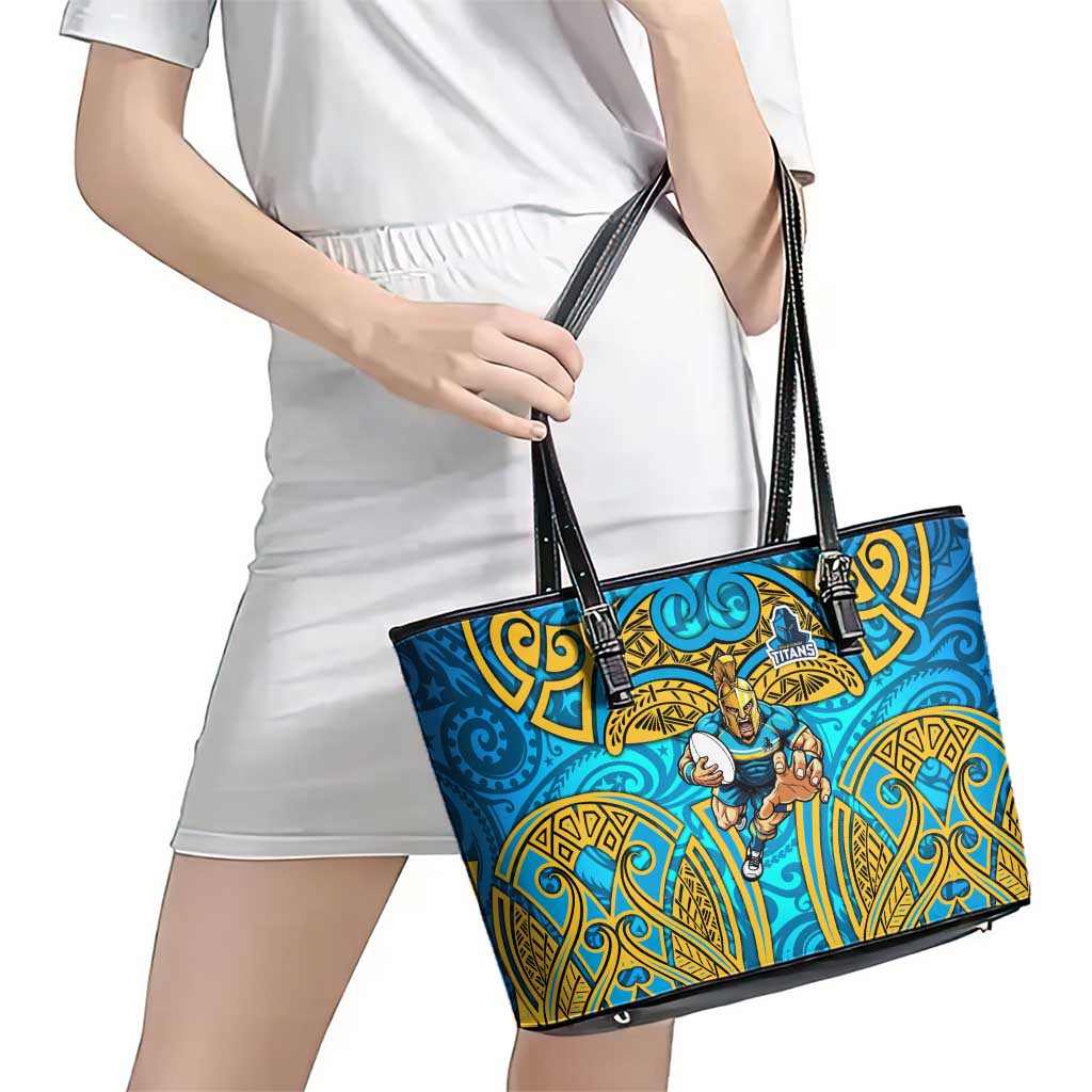Gold Coast Titans Rugby Leather Tote Bag Polynesian Tribal Spartan Warrior Blue Gold Pattern