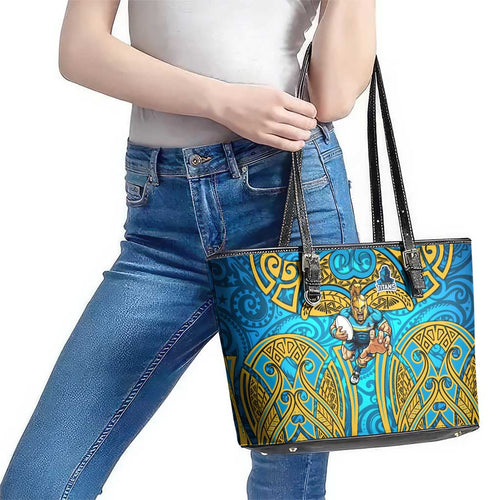 Gold Coast Titans Rugby Leather Tote Bag Polynesian Tribal Spartan Warrior Blue Gold Pattern
