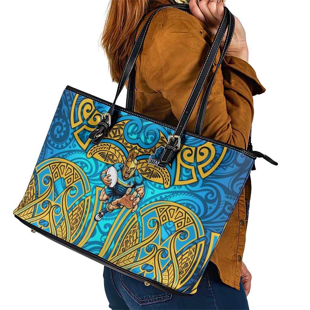 Gold Coast Titans Rugby Leather Tote Bag Polynesian Tribal Spartan Warrior Blue Gold Pattern