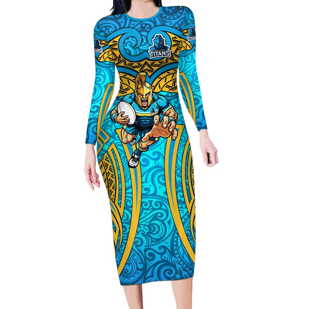 Gold Coast Titans Rugby Long Sleeve Bodycon Dress Polynesian Tribal Spartan Warrior Blue Gold Pattern