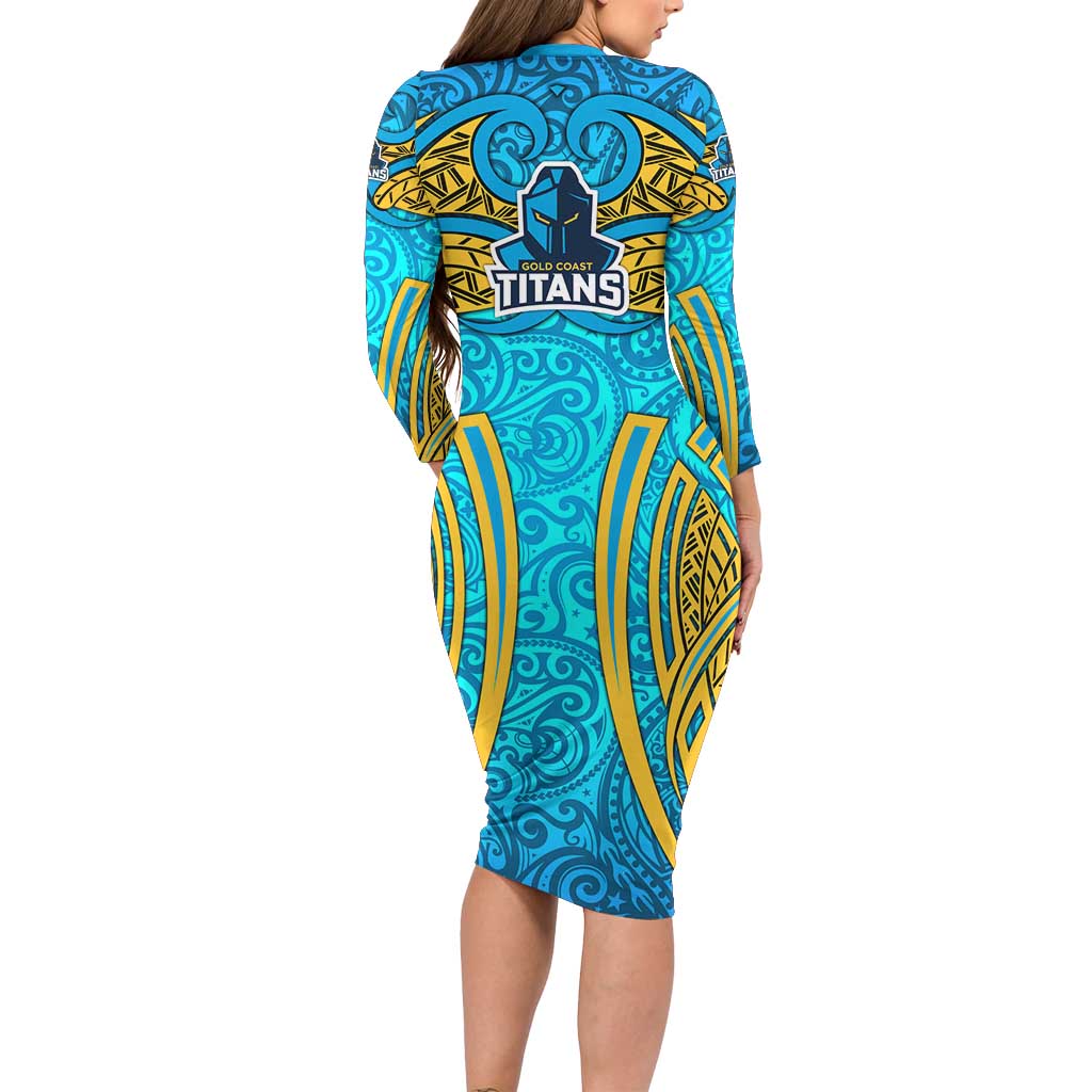 Gold Coast Titans Rugby Long Sleeve Bodycon Dress Polynesian Tribal Spartan Warrior Blue Gold Pattern