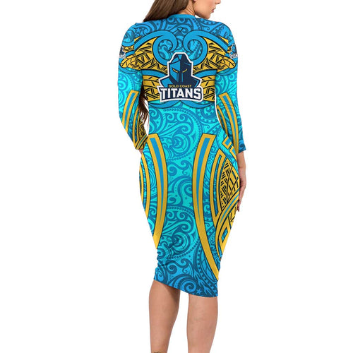 Gold Coast Titans Rugby Long Sleeve Bodycon Dress Polynesian Tribal Spartan Warrior Blue Gold Pattern