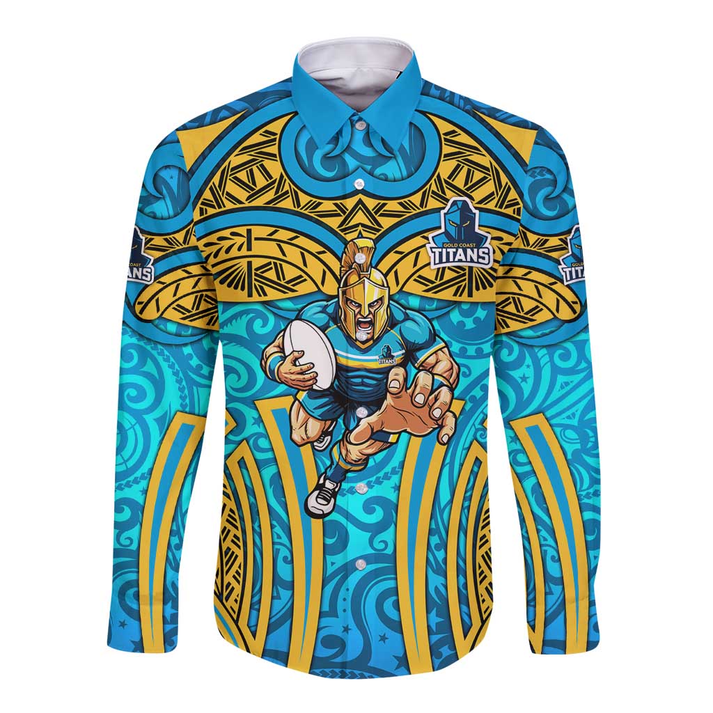 Gold Coast Titans Rugby Long Sleeve Button Shirt Polynesian Tribal Spartan Warrior Blue Gold Pattern