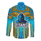 Gold Coast Titans Rugby Long Sleeve Button Shirt Polynesian Tribal Spartan Warrior Blue Gold Pattern
