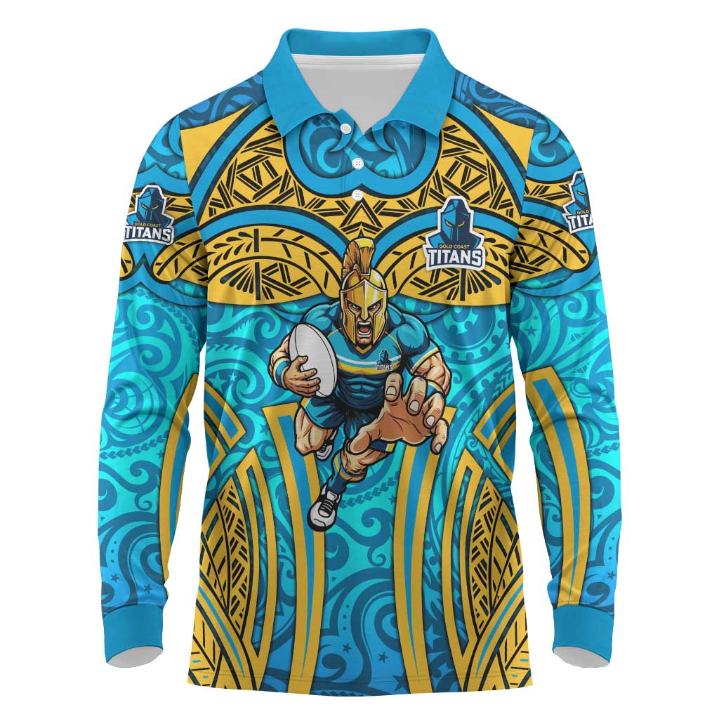 Gold Coast Titans Rugby Long Sleeve Polo Shirt Polynesian Tribal Spartan Warrior Blue Gold Pattern
