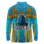 Gold Coast Titans Rugby Long Sleeve Polo Shirt Polynesian Tribal Spartan Warrior Blue Gold Pattern