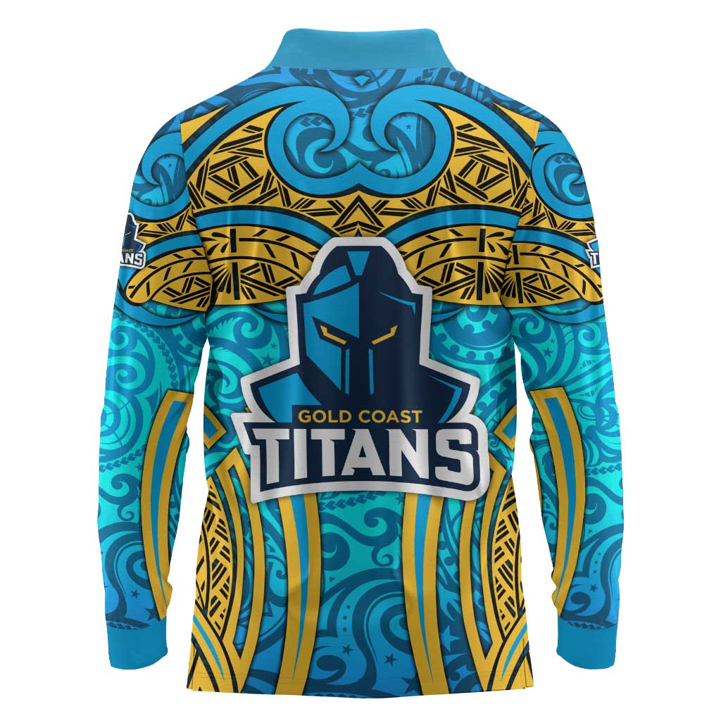 Gold Coast Titans Rugby Long Sleeve Polo Shirt Polynesian Tribal Spartan Warrior Blue Gold Pattern