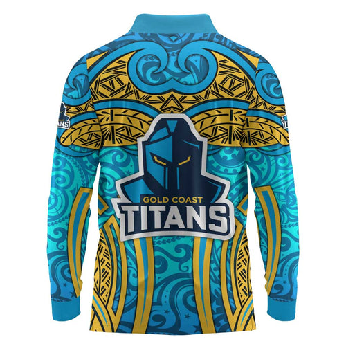 Gold Coast Titans Rugby Long Sleeve Polo Shirt Polynesian Tribal Spartan Warrior Blue Gold Pattern