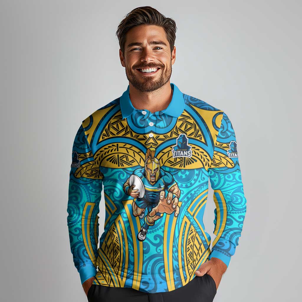 Gold Coast Titans Rugby Long Sleeve Polo Shirt Polynesian Tribal Spartan Warrior Blue Gold Pattern