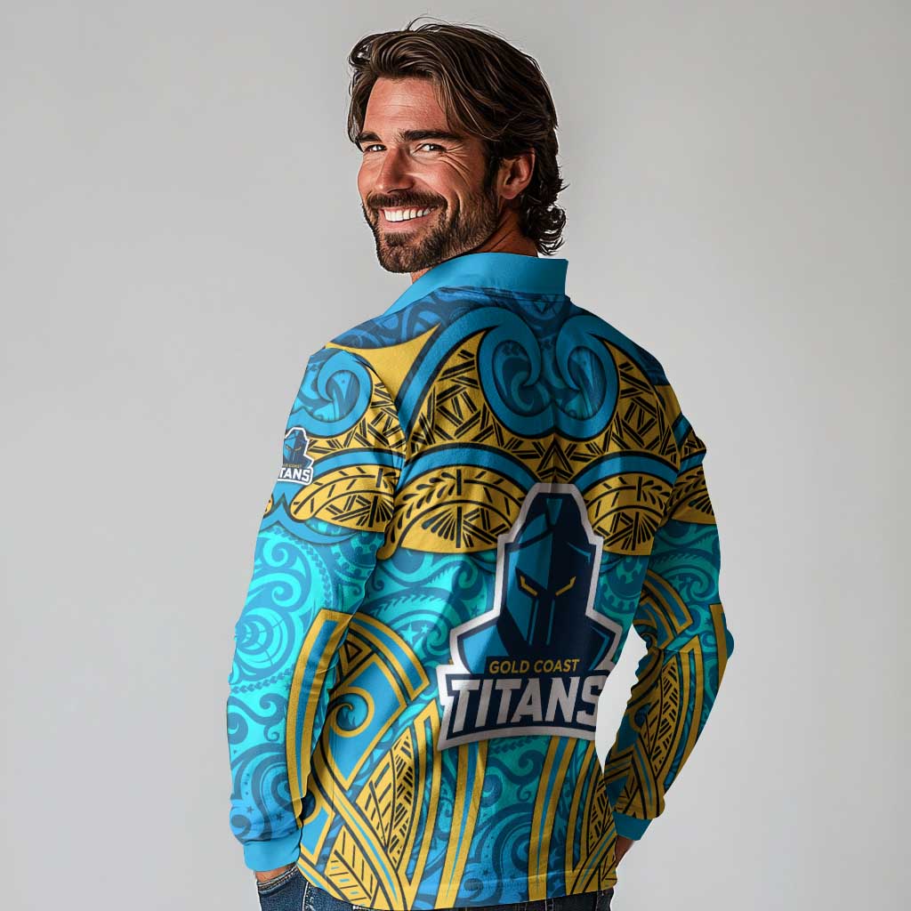 Gold Coast Titans Rugby Long Sleeve Polo Shirt Polynesian Tribal Spartan Warrior Blue Gold Pattern