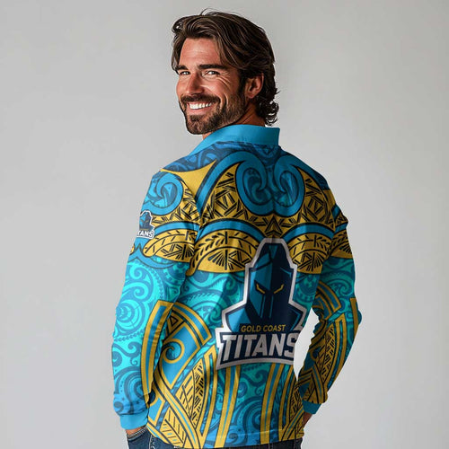 Gold Coast Titans Rugby Long Sleeve Polo Shirt Polynesian Tribal Spartan Warrior Blue Gold Pattern