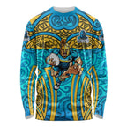Gold Coast Titans Rugby Long Sleeve Shirt Polynesian Tribal Spartan Warrior Blue Gold Pattern