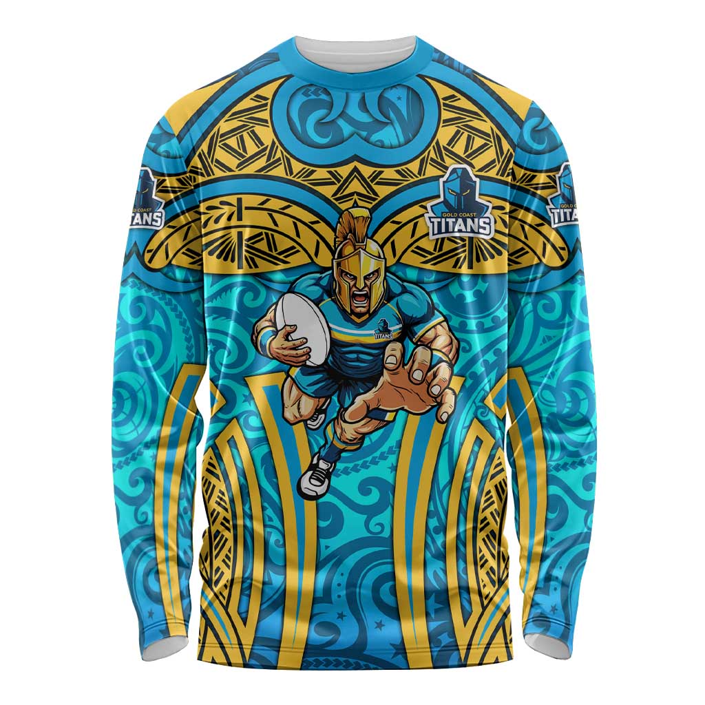 Gold Coast Titans Rugby Long Sleeve Shirt Polynesian Tribal Spartan Warrior Blue Gold Pattern