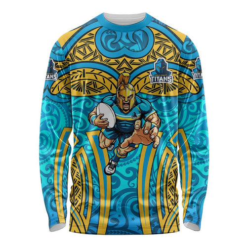 Gold Coast Titans Rugby Long Sleeve Shirt Polynesian Tribal Spartan Warrior Blue Gold Pattern