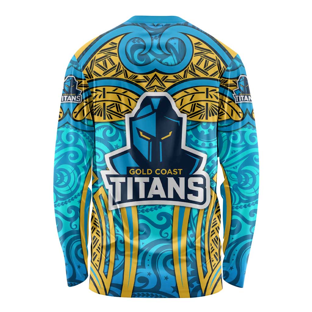 Gold Coast Titans Rugby Long Sleeve Shirt Polynesian Tribal Spartan Warrior Blue Gold Pattern