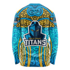 Gold Coast Titans Rugby Long Sleeve Shirt Polynesian Tribal Spartan Warrior Blue Gold Pattern