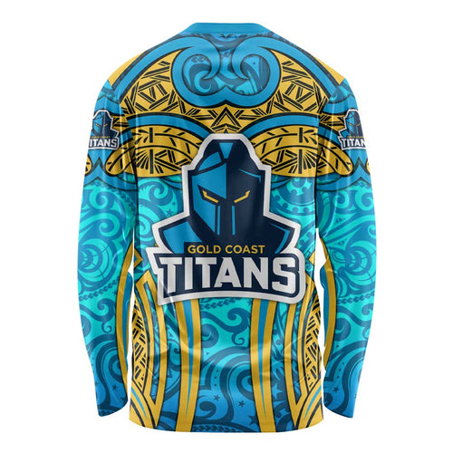 Gold Coast Titans Rugby Long Sleeve Shirt Polynesian Tribal Spartan Warrior Blue Gold Pattern