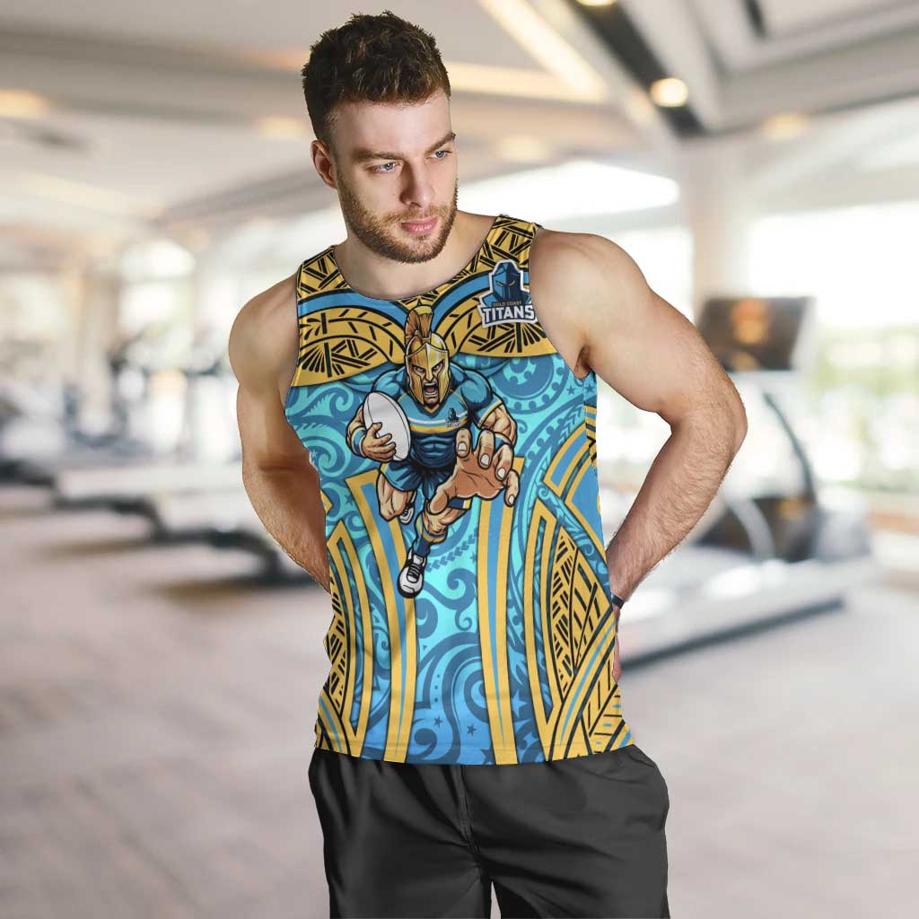 Gold Coast Titans Rugby Men Tank Top Polynesian Tribal Spartan Warrior Blue Gold Pattern