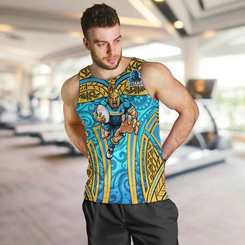 Gold Coast Titans Rugby Men Tank Top Polynesian Tribal Spartan Warrior Blue Gold Pattern