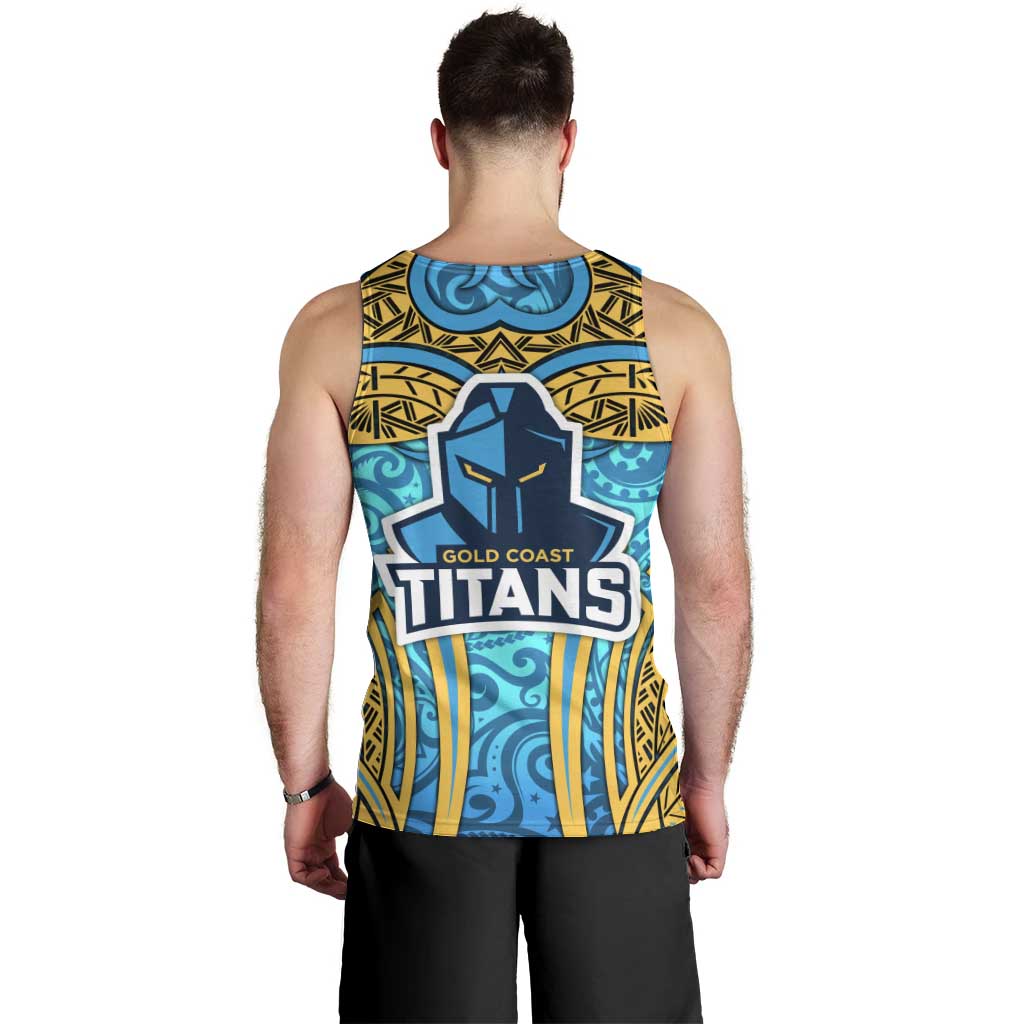 Gold Coast Titans Rugby Men Tank Top Polynesian Tribal Spartan Warrior Blue Gold Pattern