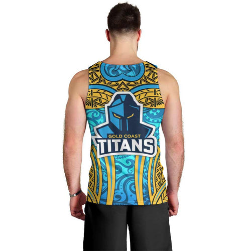 Gold Coast Titans Rugby Men Tank Top Polynesian Tribal Spartan Warrior Blue Gold Pattern