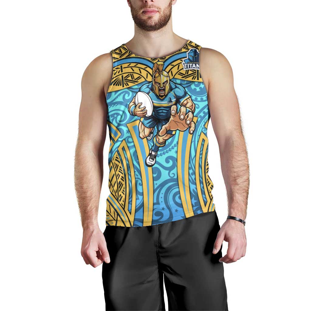 Gold Coast Titans Rugby Men Tank Top Polynesian Tribal Spartan Warrior Blue Gold Pattern
