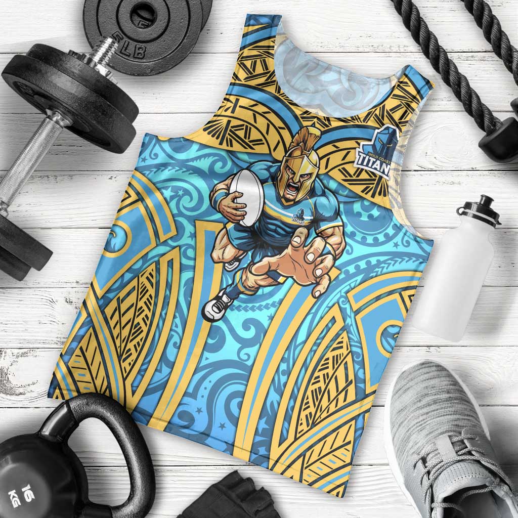 Gold Coast Titans Rugby Men Tank Top Polynesian Tribal Spartan Warrior Blue Gold Pattern