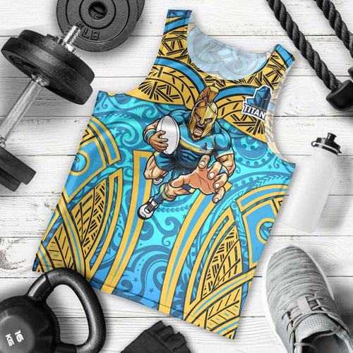 Gold Coast Titans Rugby Men Tank Top Polynesian Tribal Spartan Warrior Blue Gold Pattern