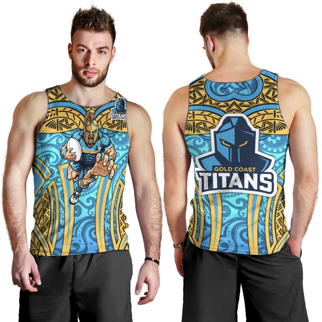 Gold Coast Titans Rugby Men Tank Top Polynesian Tribal Spartan Warrior Blue Gold Pattern