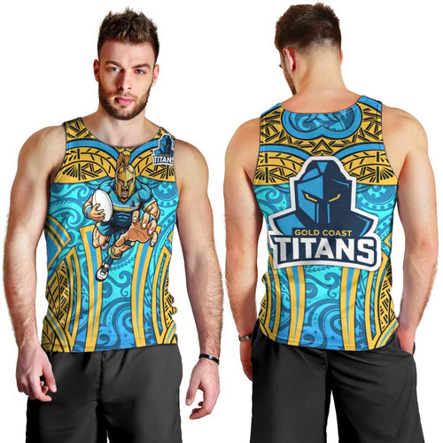 Gold Coast Titans Rugby Men Tank Top Polynesian Tribal Spartan Warrior Blue Gold Pattern