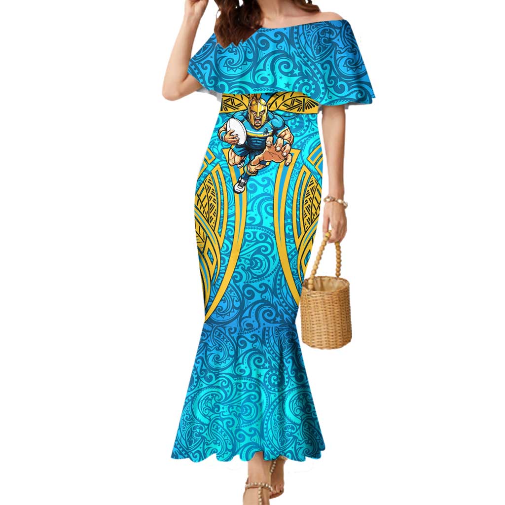 Gold Coast Titans Rugby Mermaid Dress Polynesian Tribal Spartan Warrior Blue Gold Pattern