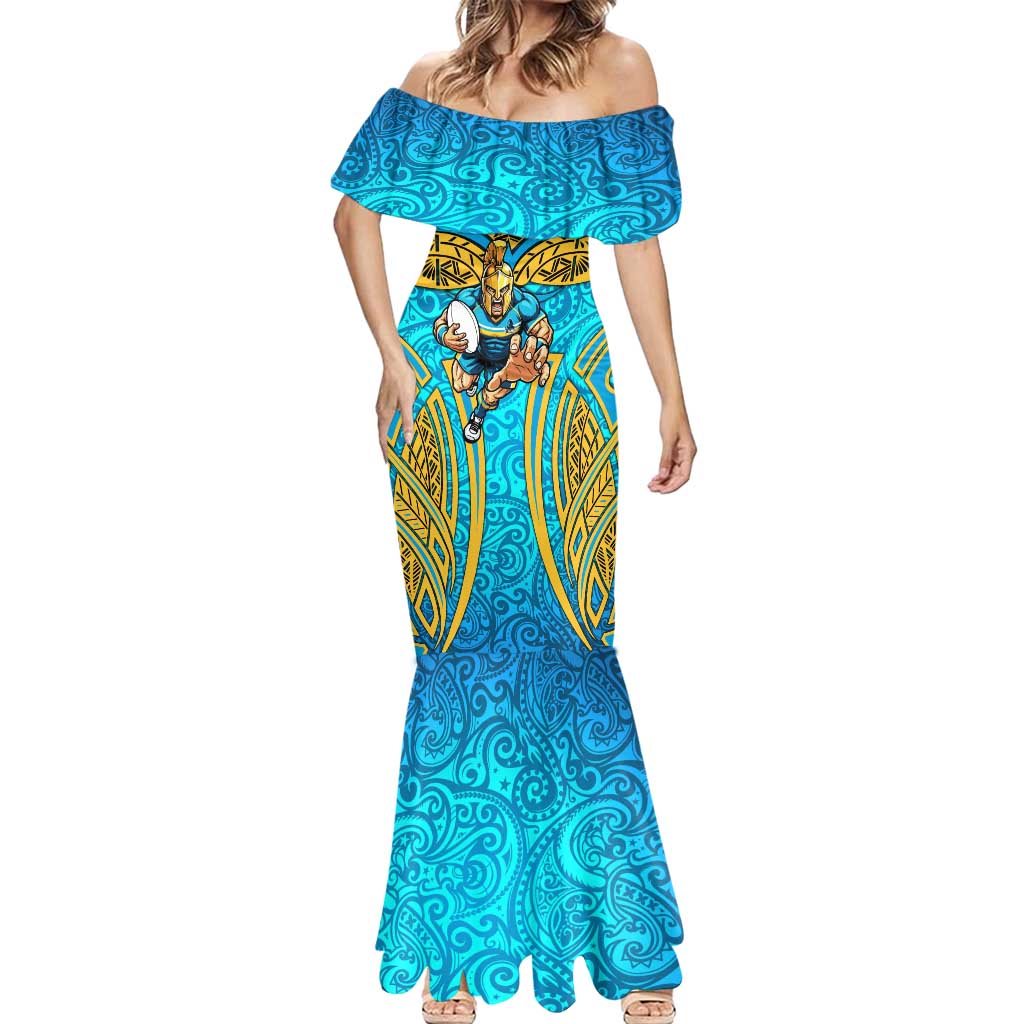 Gold Coast Titans Rugby Mermaid Dress Polynesian Tribal Spartan Warrior Blue Gold Pattern