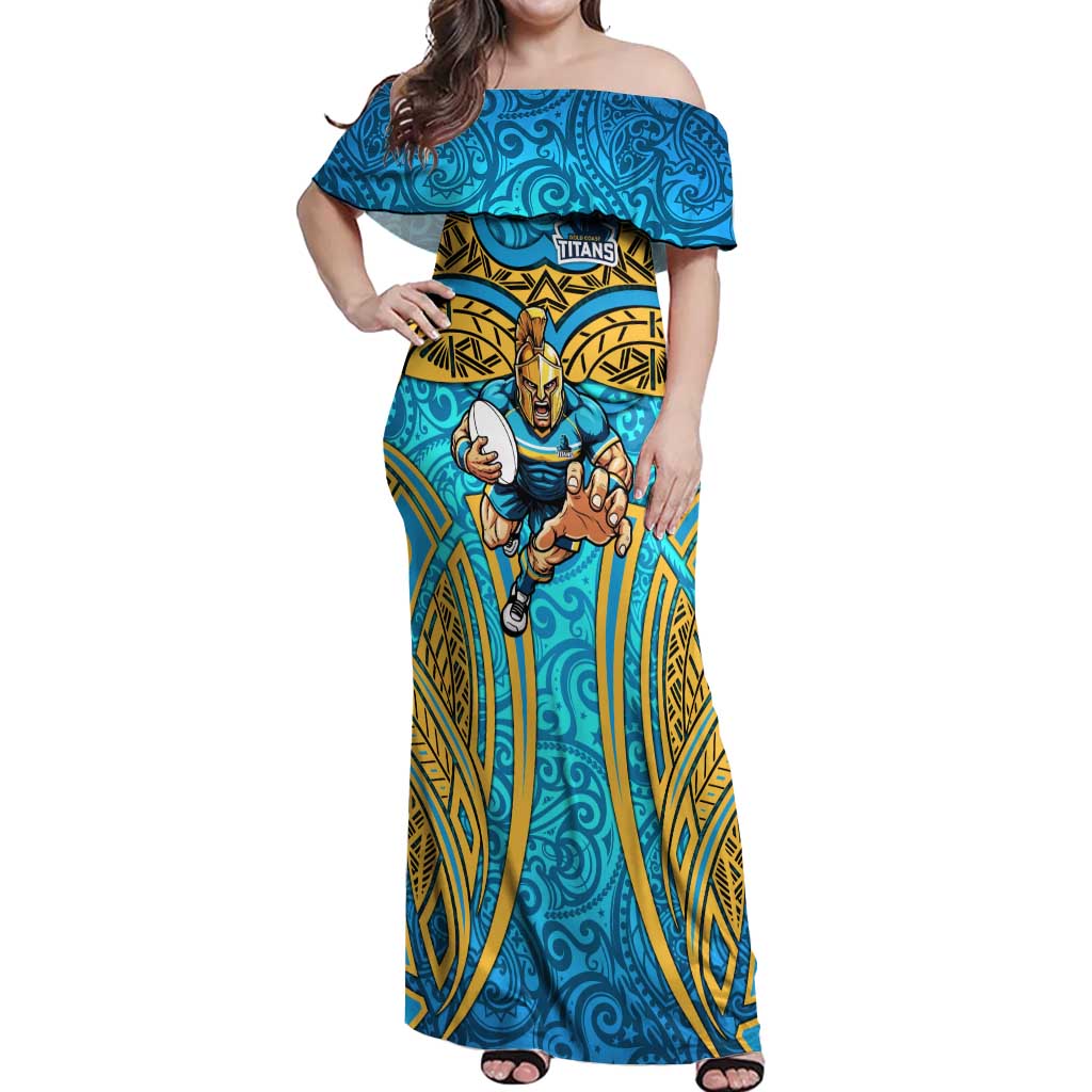 Gold Coast Titans Rugby Off Shoulder Maxi Dress Polynesian Tribal Spartan Warrior Blue Gold Pattern