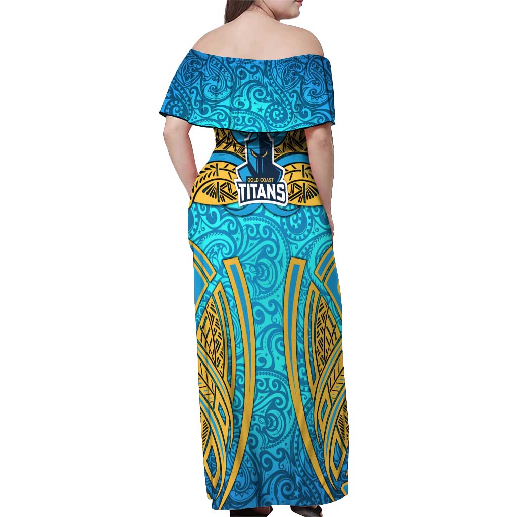 Gold Coast Titans Rugby Off Shoulder Maxi Dress Polynesian Tribal Spartan Warrior Blue Gold Pattern