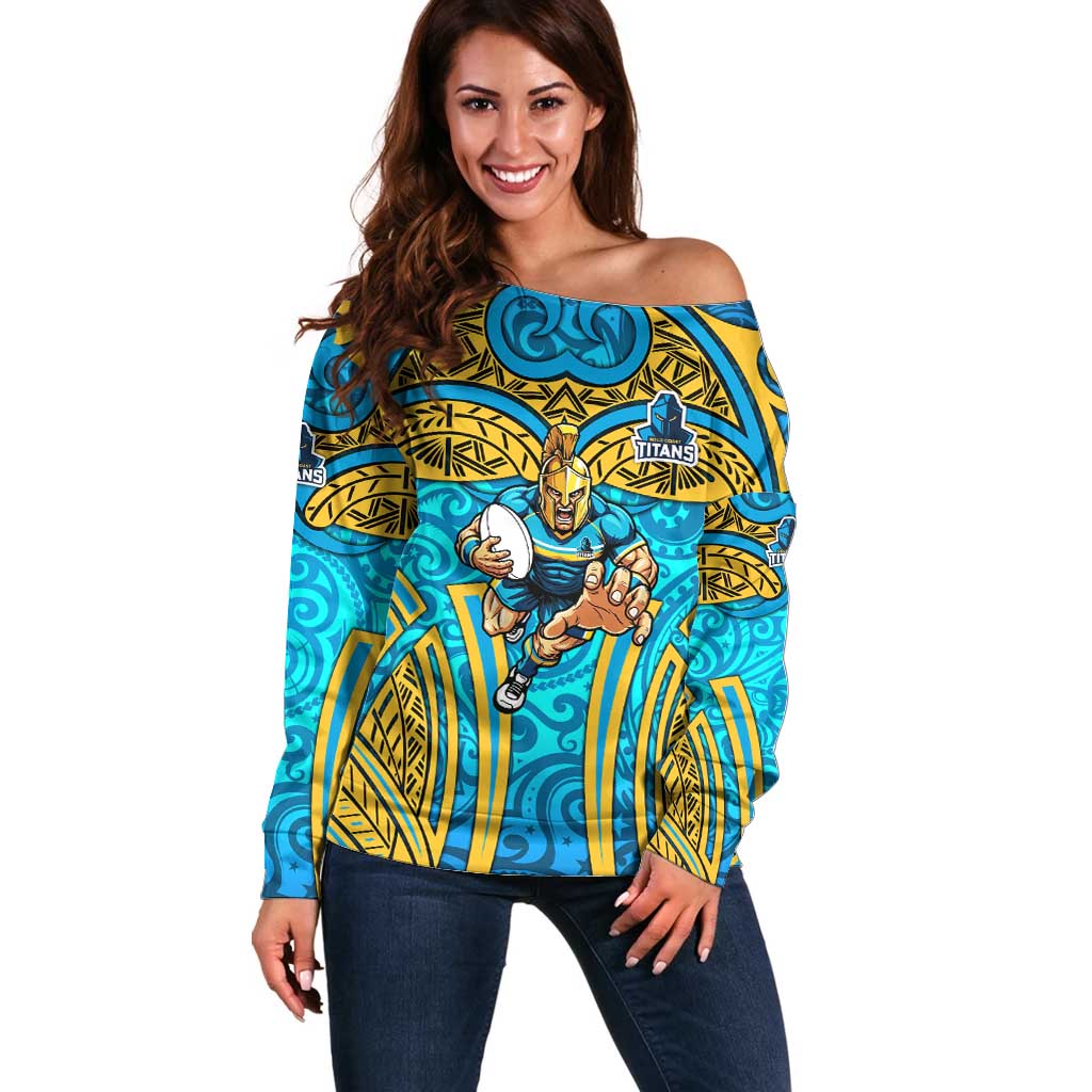Gold Coast Titans Rugby Off Shoulder Sweater Polynesian Tribal Spartan Warrior Blue Gold Pattern