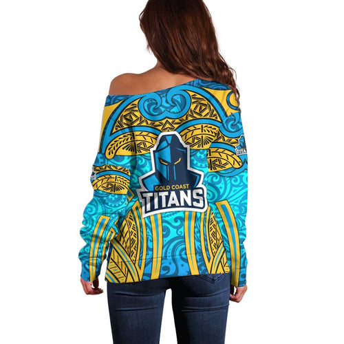 Gold Coast Titans Rugby Off Shoulder Sweater Polynesian Tribal Spartan Warrior Blue Gold Pattern