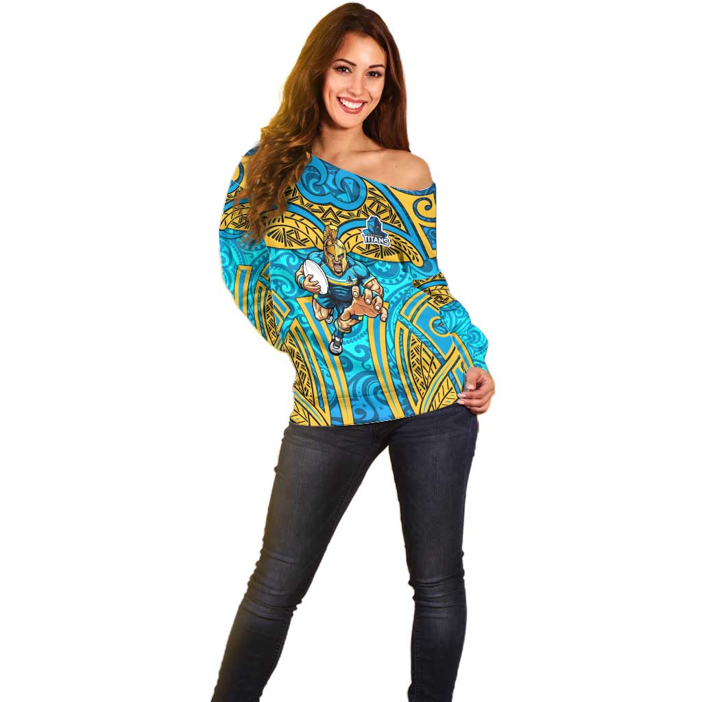 Gold Coast Titans Rugby Off Shoulder Sweater Polynesian Tribal Spartan Warrior Blue Gold Pattern
