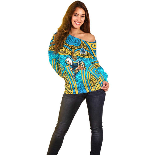 Gold Coast Titans Rugby Off Shoulder Sweater Polynesian Tribal Spartan Warrior Blue Gold Pattern