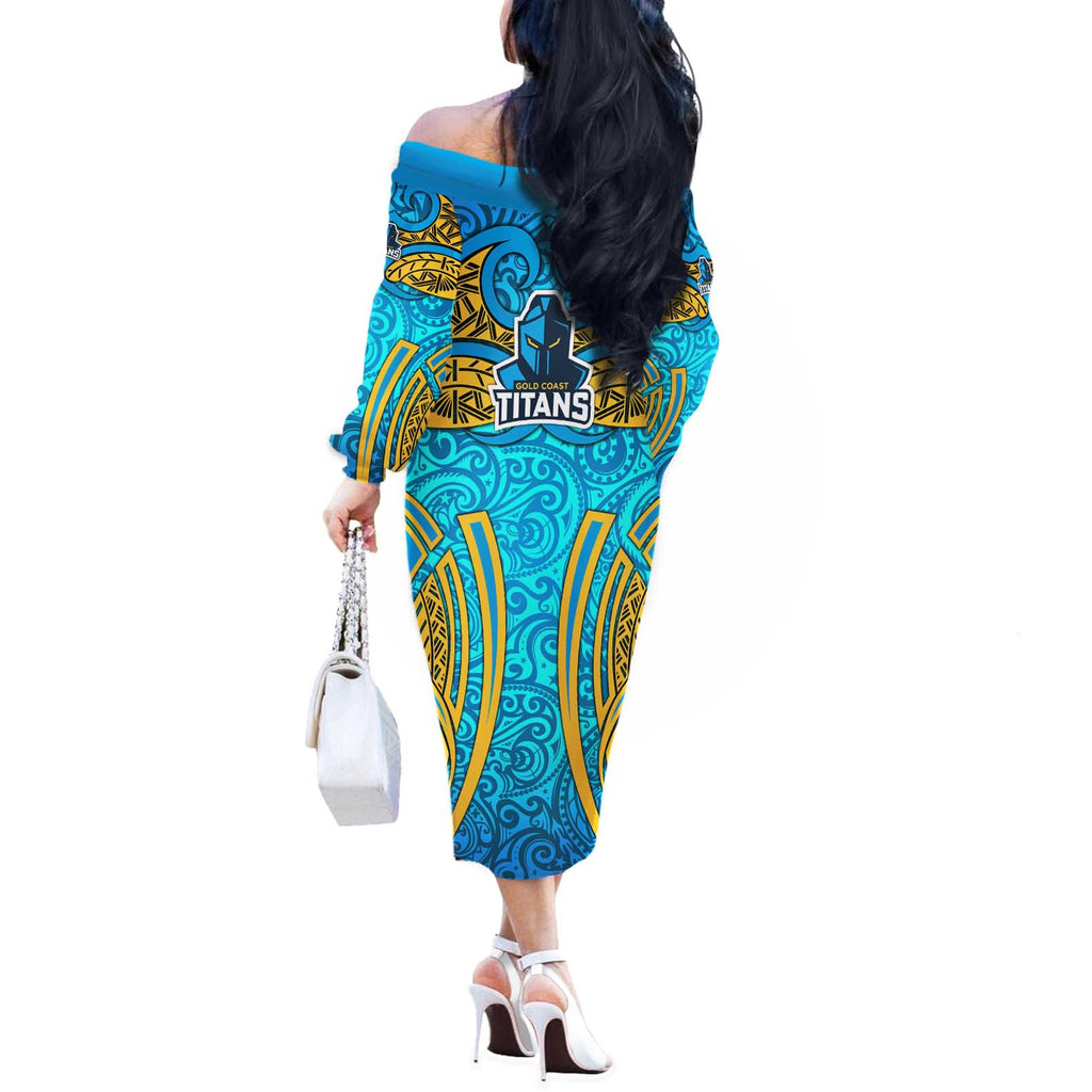 Gold Coast Titans Rugby Off The Shoulder Long Sleeve Dress Polynesian Tribal Spartan Warrior Blue Gold Pattern