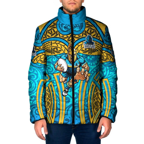 Gold Coast Titans Rugby Padded Jacket Polynesian Tribal Spartan Warrior Blue Gold Pattern