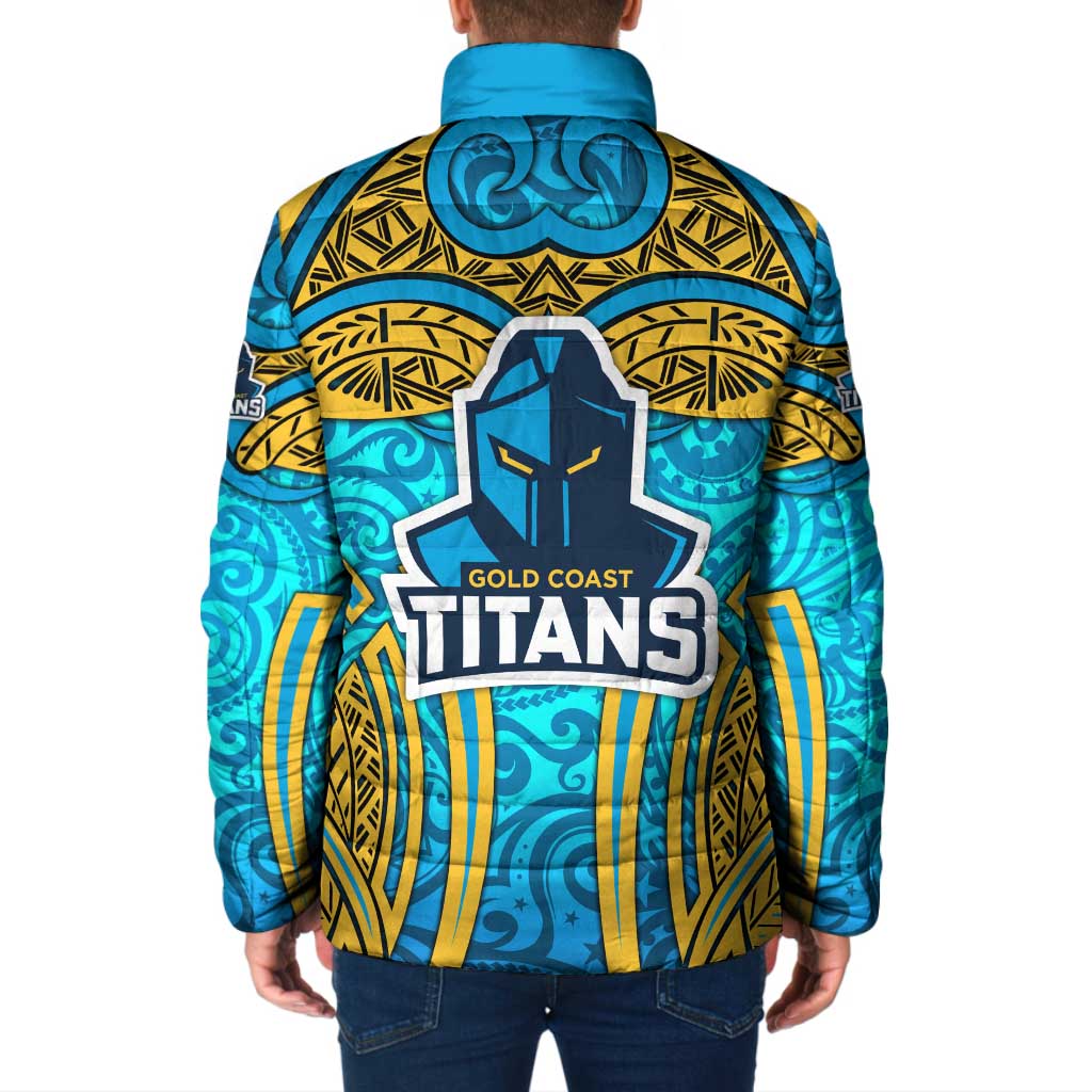 Gold Coast Titans Rugby Padded Jacket Polynesian Tribal Spartan Warrior Blue Gold Pattern