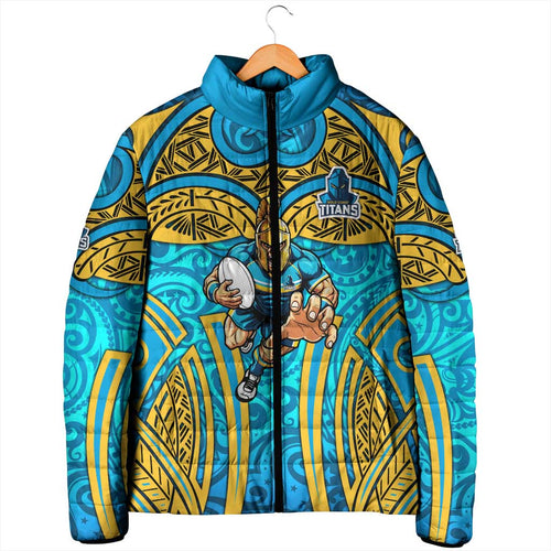 Gold Coast Titans Rugby Padded Jacket Polynesian Tribal Spartan Warrior Blue Gold Pattern