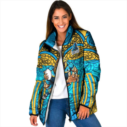 Gold Coast Titans Rugby Padded Jacket Polynesian Tribal Spartan Warrior Blue Gold Pattern