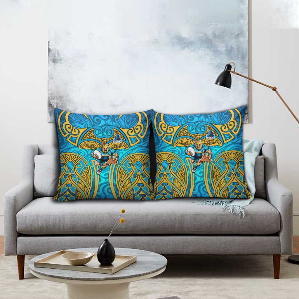 Gold Coast Titans Rugby Pillow Cover Polynesian Tribal Spartan Warrior Blue Gold Pattern