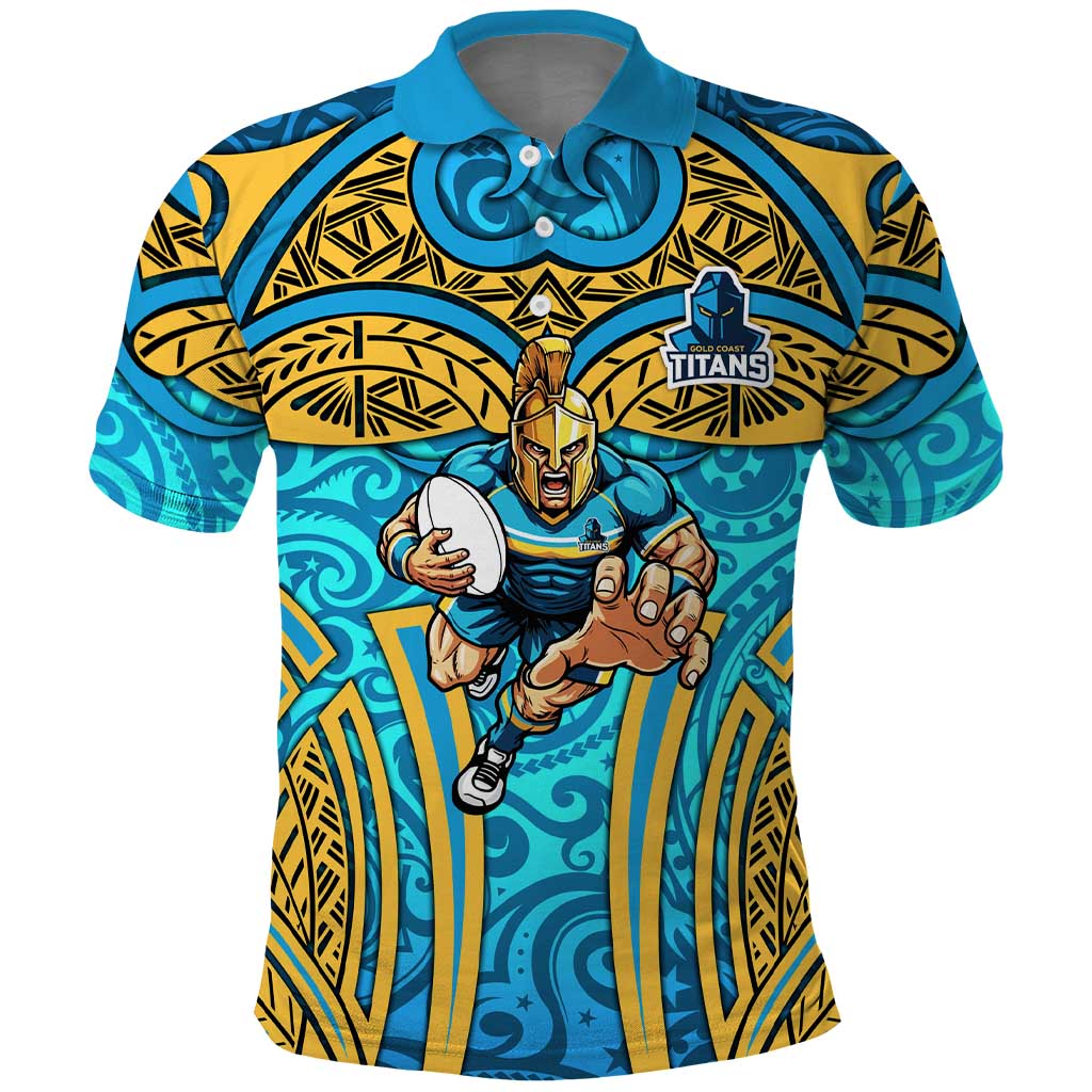 Gold Coast Titans Rugby Polo Shirt Polynesian Tribal Spartan Warrior Blue Gold Pattern