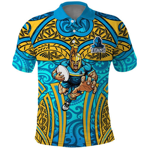 Gold Coast Titans Rugby Polo Shirt Polynesian Tribal Spartan Warrior Blue Gold Pattern